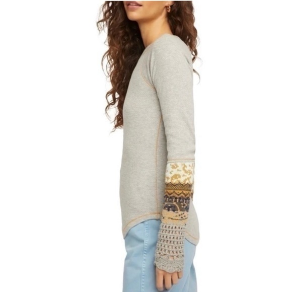 Free People Gray Long Sleeve Top with Patterned Sleeves - Picture 2 of 14